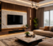 Best Interior Decorator in Bengaluru showcasing a luxury living room with charcoal louvers, UV marble TV wall, WPC panels, warm LED lighting, modern furniture, and elegant interior decoration.
