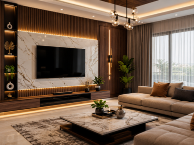 Best Interior Decorator in Bengaluru showcasing a luxury living room with charcoal louvers, UV marble TV wall, WPC panels, warm LED lighting, modern furniture, and elegant interior decoration.