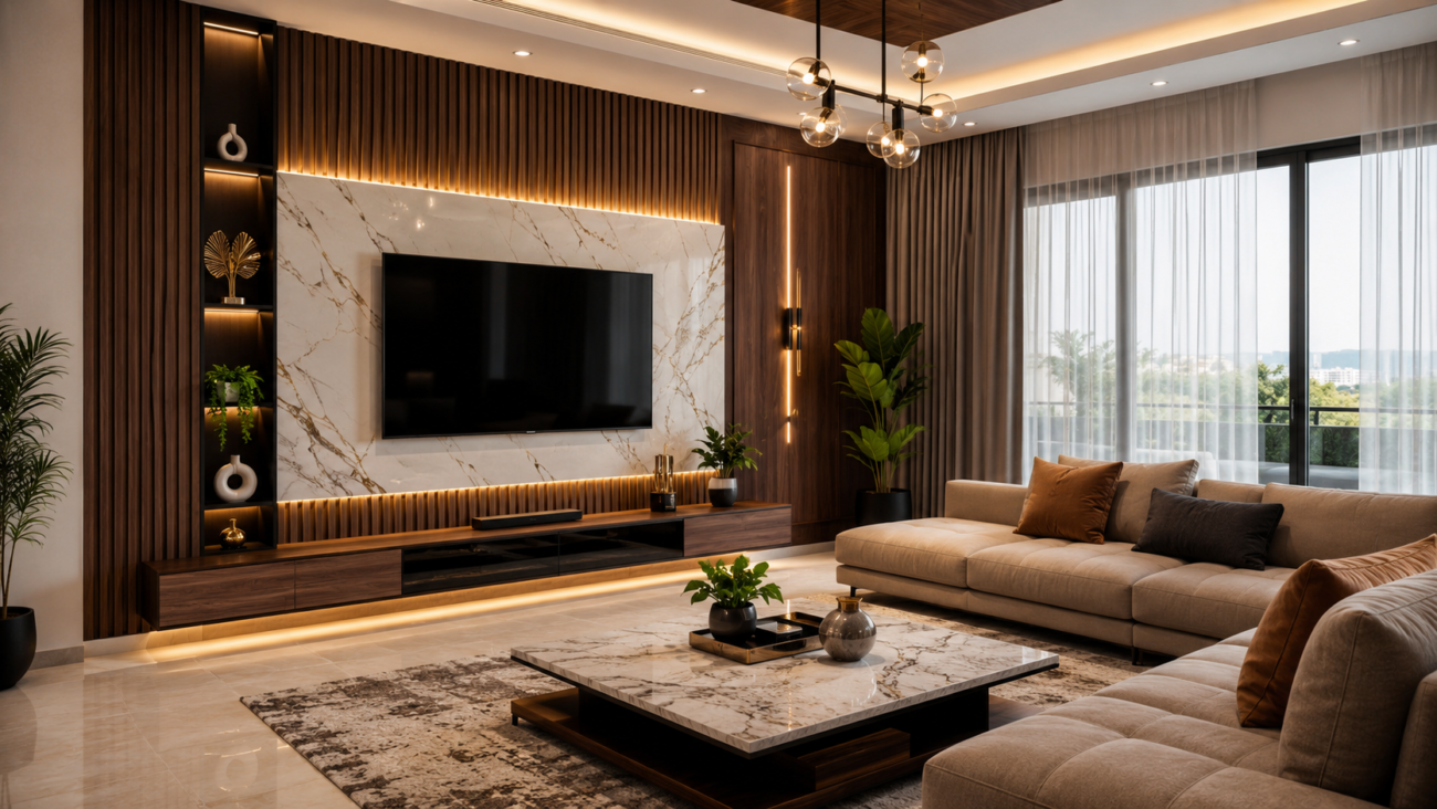 Modern luxury living room designed by the best interior decorator in Bengaluru featuring charcoal louvers, UV marble sheet TV wall, WPC panels, warm LED lighting, premium furniture, and elegant wall décor.
