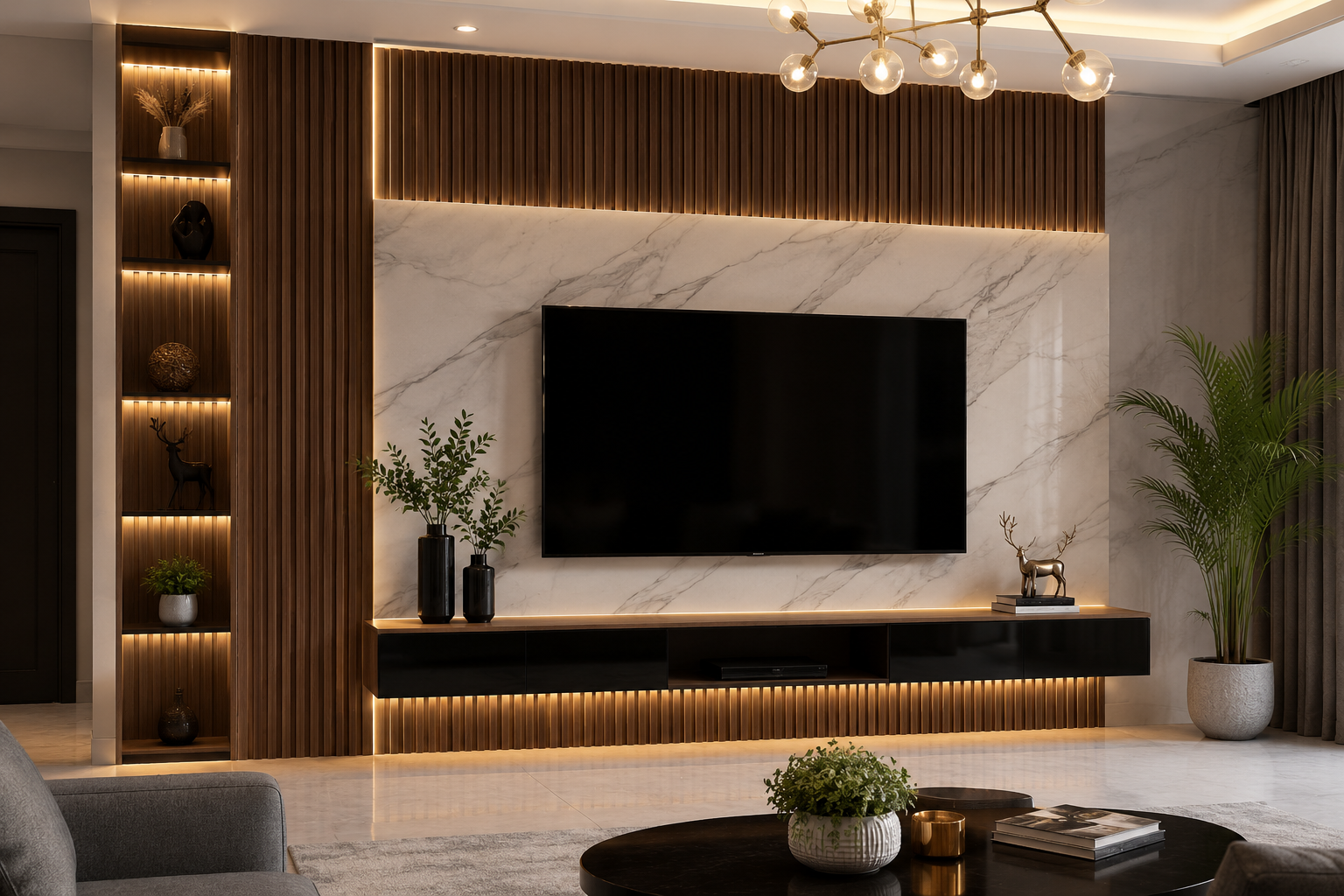 Modern decorative wall design with wooden louvers, marble wall panels and LED lighting in a luxury living room in Bengaluru