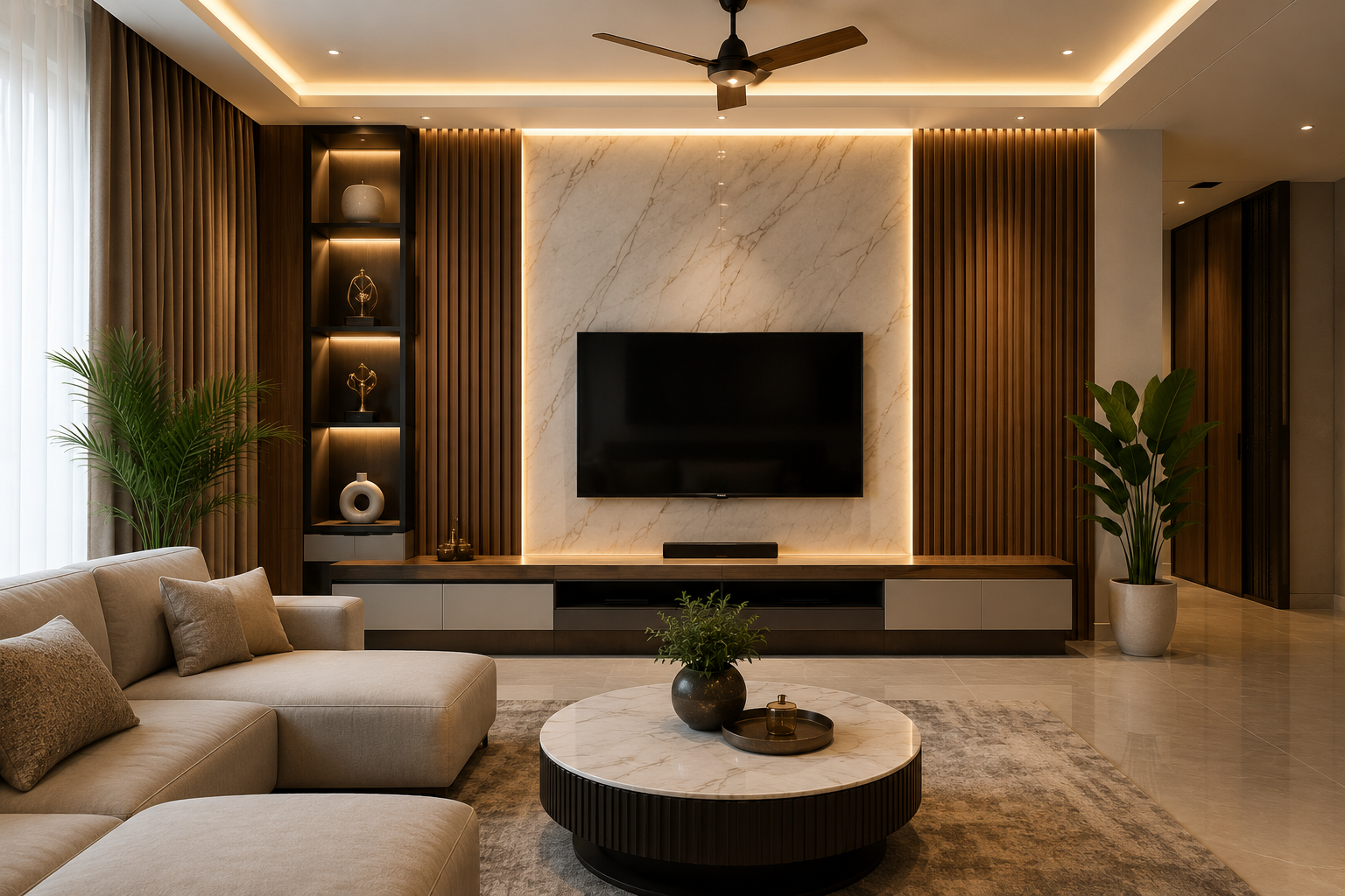 Modern living room interior decoration in Bengaluru featuring charcoal louvers, marble TV wall, wooden wall panels, ambient LED lighting, and premium contemporary home décor