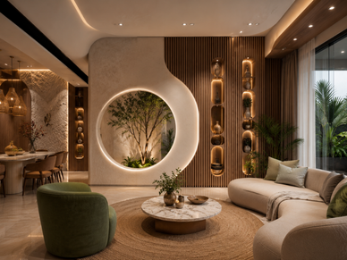 Interior Designer in Bengaluru creating a luxury living room with charcoal louvers, UV marble sheet TV wall, WPC panels, elegant furniture, warm LED lighting, and premium wall décor.