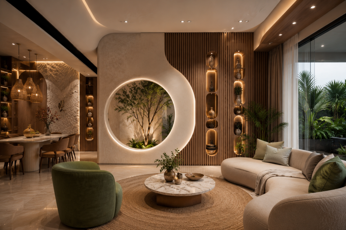 Interior Designer in Bengaluru creating a luxury living room with charcoal louvers, UV marble sheet TV wall, WPC panels, elegant furniture, warm LED lighting, and premium wall décor.