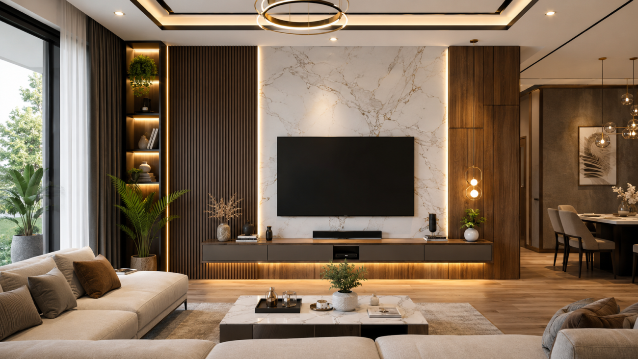 Luxury modern living room featuring decorative wall panels, charcoal louvers, UV marble sheet TV wall, wooden textures, warm LED lighting, and contemporary interior design in Bengaluru.