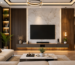 Luxury modern living room featuring decorative wall panels, charcoal louvers, UV marble sheet TV wall, wooden textures, warm LED lighting, and contemporary interior design in Bengaluru.