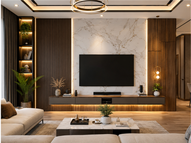 Luxury modern living room featuring decorative wall panels, charcoal louvers, UV marble sheet TV wall, wooden textures, warm LED lighting, and contemporary interior design in Bengaluru.