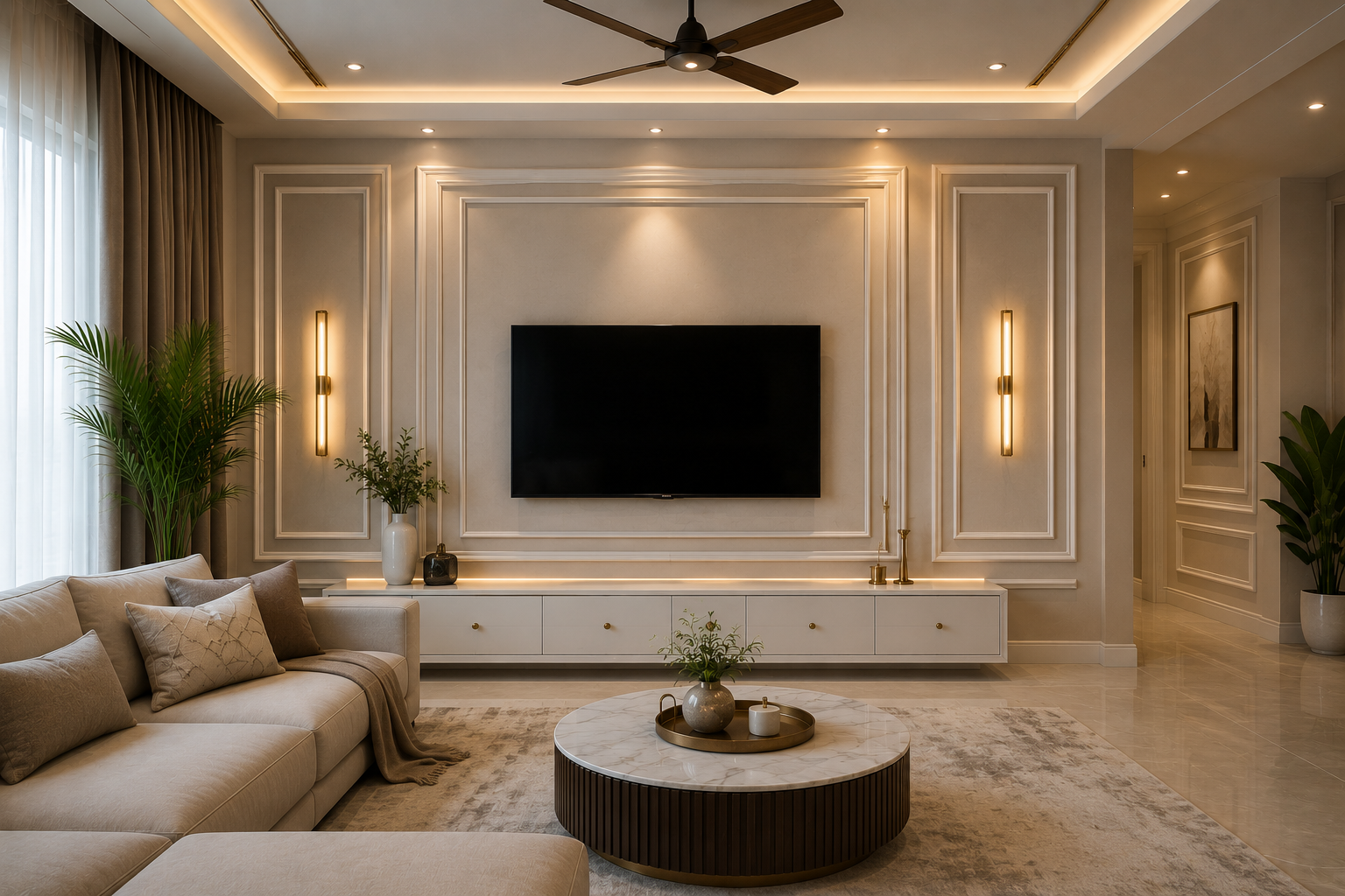 Luxury living room with decorative wall molding beading, elegant wall panels, premium ceiling molding, ambient LED lighting, and modern interior design in Bengaluru