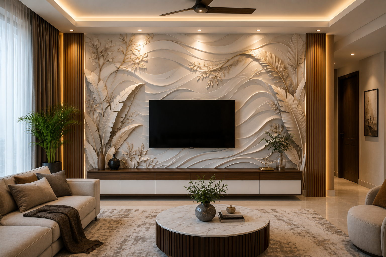 Modern luxury living room featuring artistic mural 3D wall panels, textured feature wall, ambient LED lighting, and contemporary interior design in Bengaluru