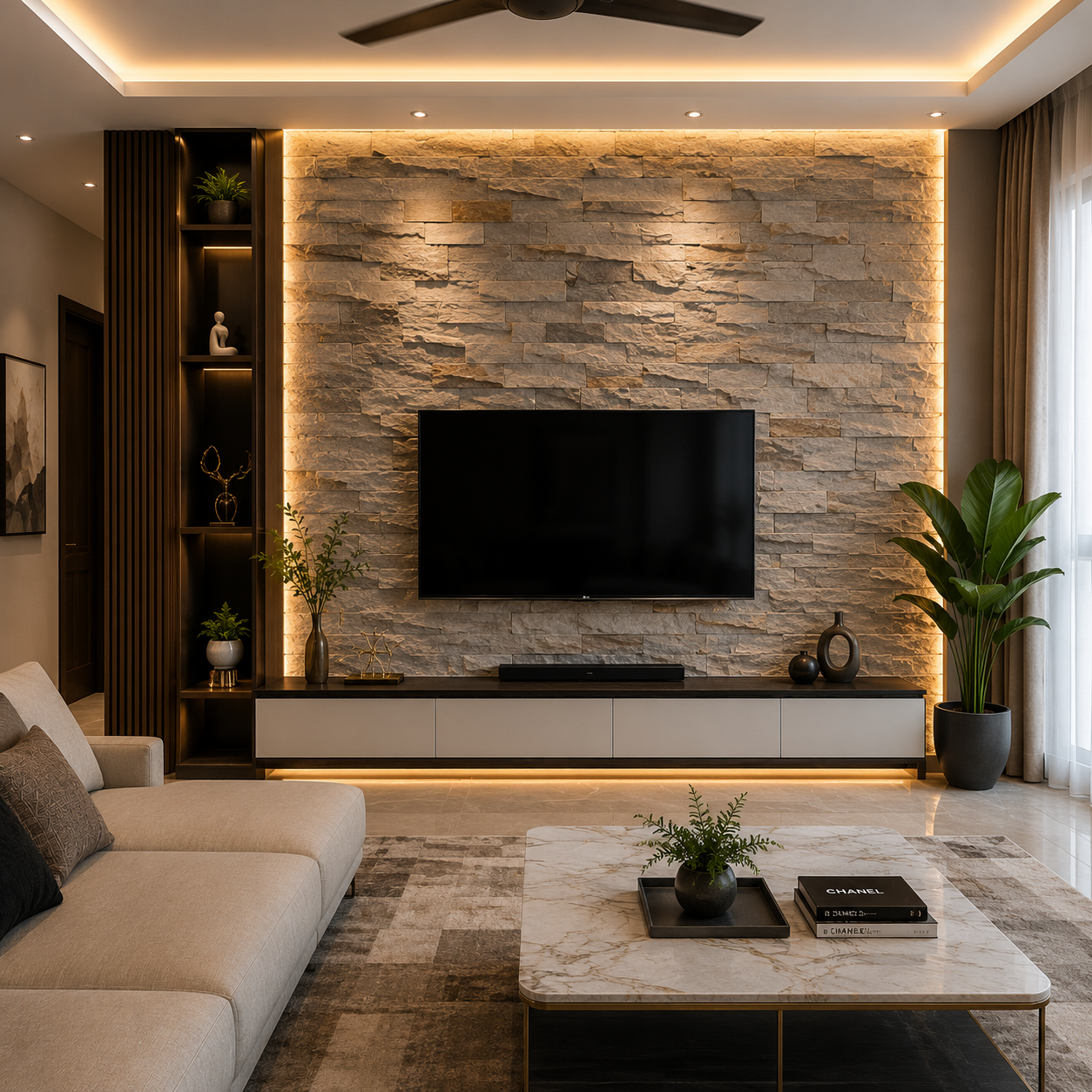 Modern luxury living room featuring premium PU stone sheets, decorative wall cladding, textured stone finish wall, warm LED lighting, and contemporary interior design in Bengaluru