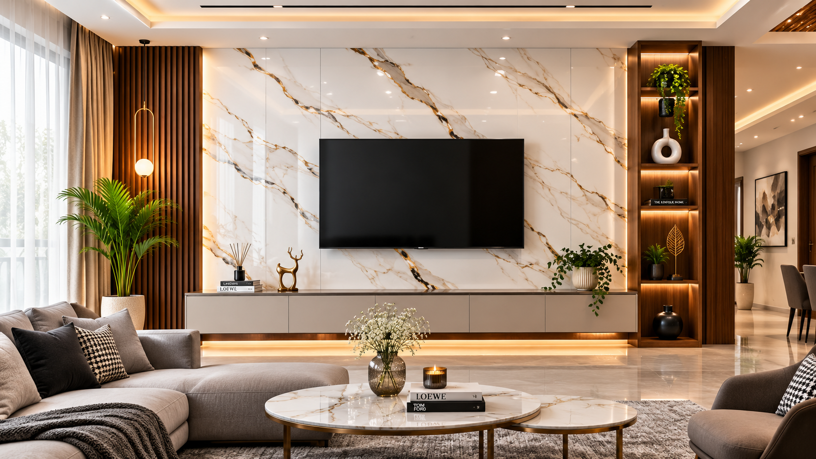 Modern luxury living room with premium UV marble sheet wall, high-gloss white marble finish, elegant TV unit, ambient LED lighting, contemporary interior design in Bengaluru.