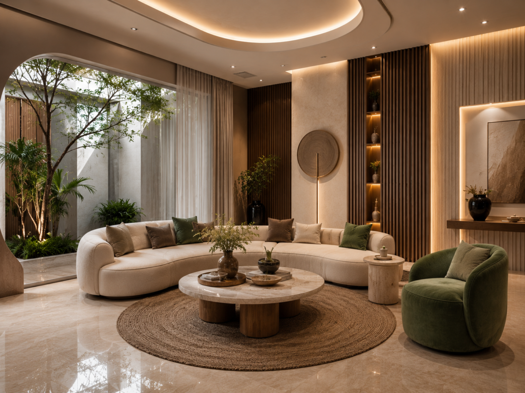 Luxury modern living room interior design in Bengaluru featuring curved architecture, designer furniture, indoor courtyard, premium wall panels, warm lighting, and elegant contemporary décor.