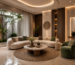 Luxury modern living room interior design in Bengaluru featuring curved architecture, designer furniture, indoor courtyard, premium wall panels, warm lighting, and elegant contemporary décor.