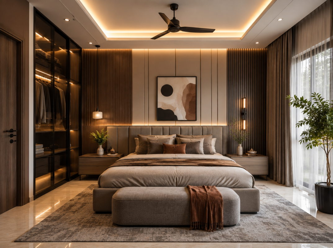 Modern luxury bedroom interior design in Bengaluru featuring WPC wall panels, warm LED lighting, elegant furniture, and premium wall décor.